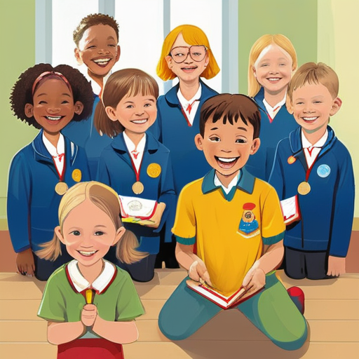 Children receiving medals and certificates with smiling faces
