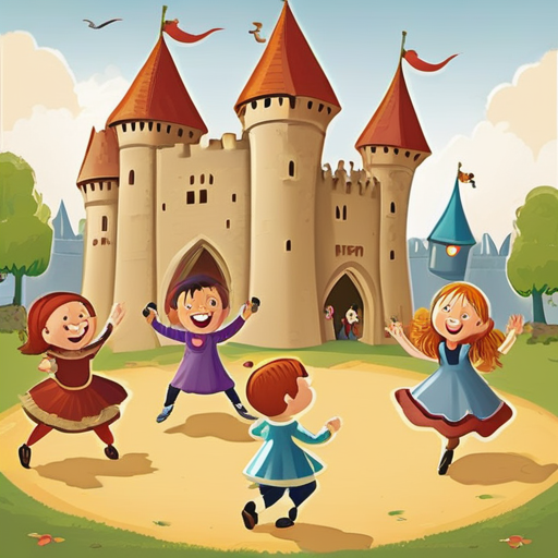 Children playing games, dancing, and having fun at a castle festival
