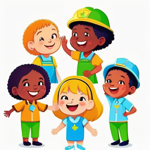 Children wearing different colorful helper badges and costumes