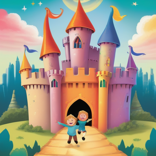 A colorful and magical castle with smiling children playing around it